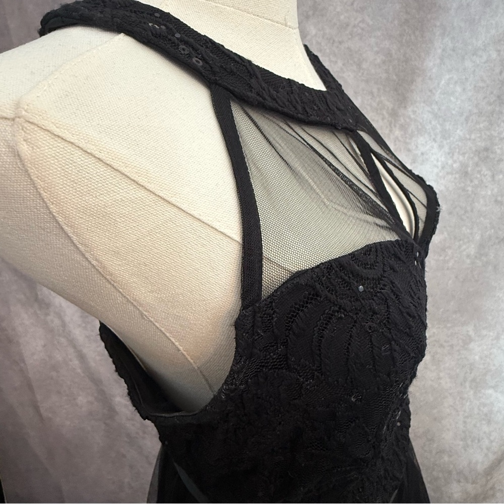 Elegant Black Halter Formal Sheer Illusion Dress layered tulle prom bow sequin - Picture 8 of 10